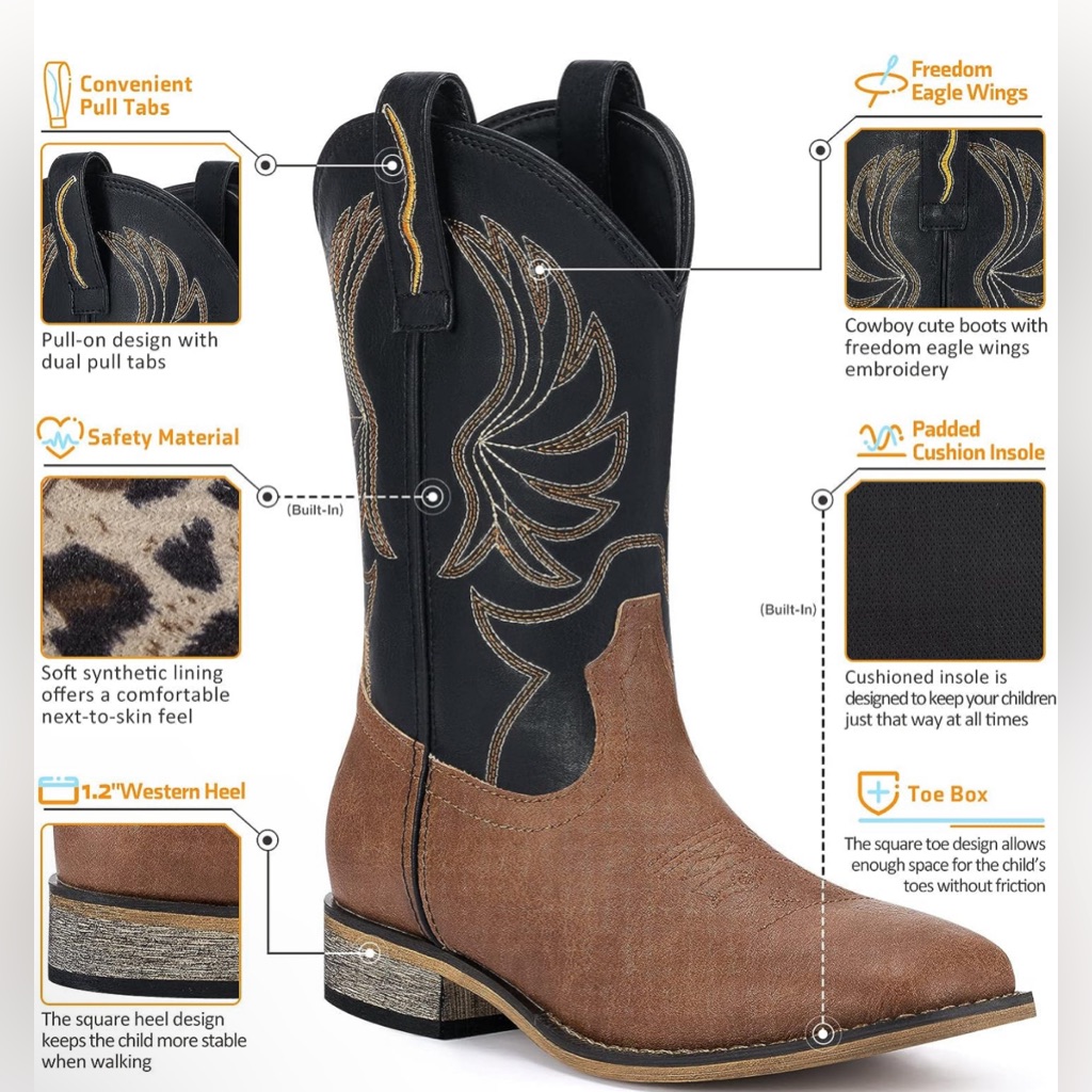 Rollda Kids Cowboy Boots For Boys Girls Western Square Toe Cowgirl Boots